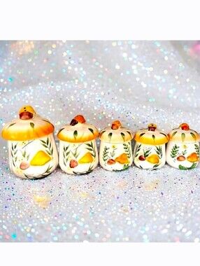 Set of 5 whimsical mushroom butterfly ceramic canisters